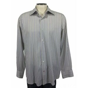 Faconnable Button Shirt L Blue White Brown Stripe Work‎ Flip Cuff Mens